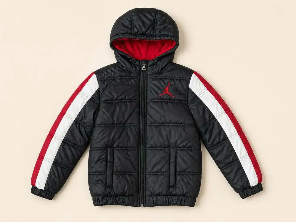 Y2K Nike Jordan Boys Puffer Jacket Black Red Hooded Size M 10-12‎